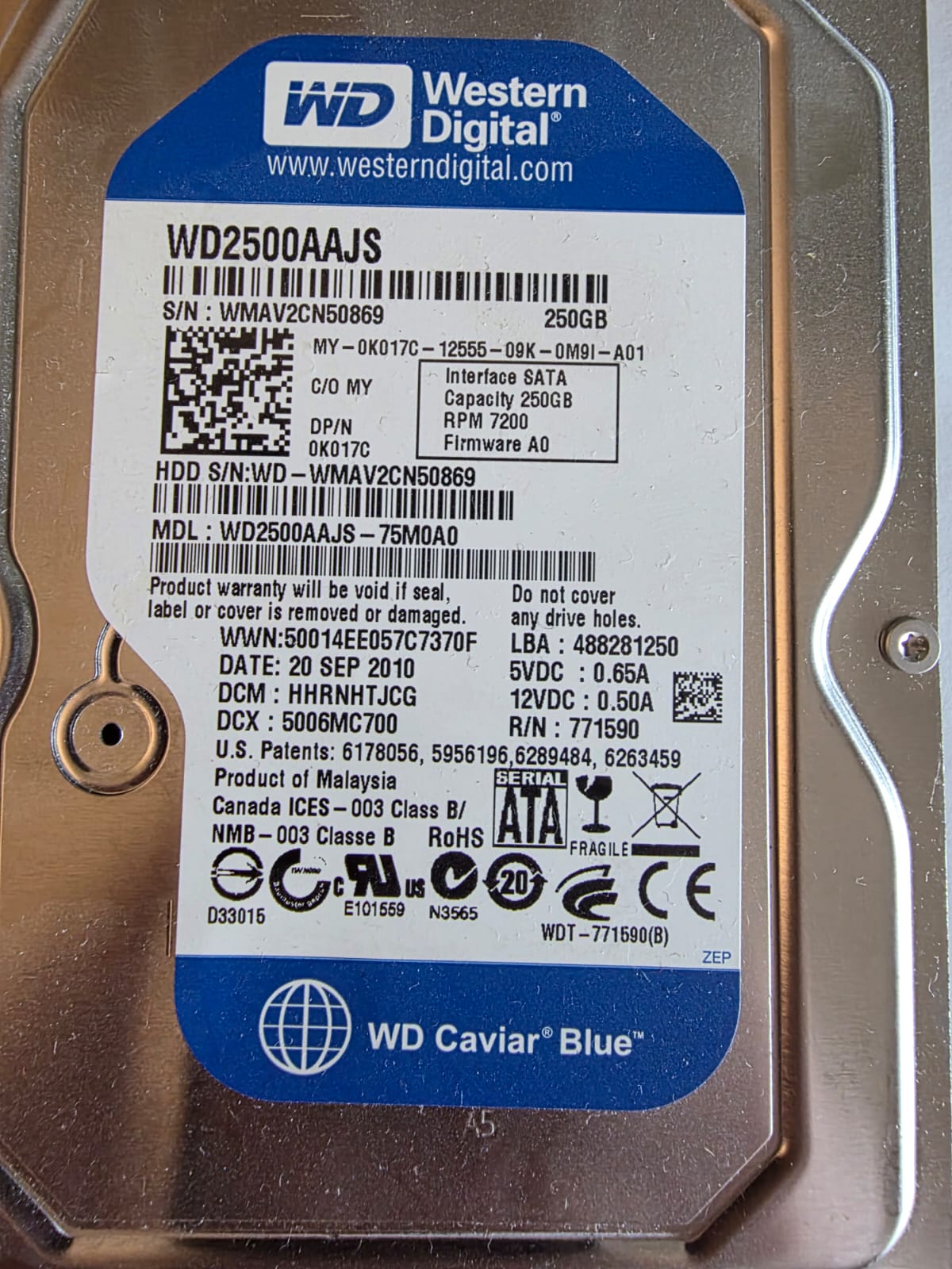 Western Digital Caviar Blue 250 Go, disque dur interne 3.5 pouces SATA, WD2500AAJS