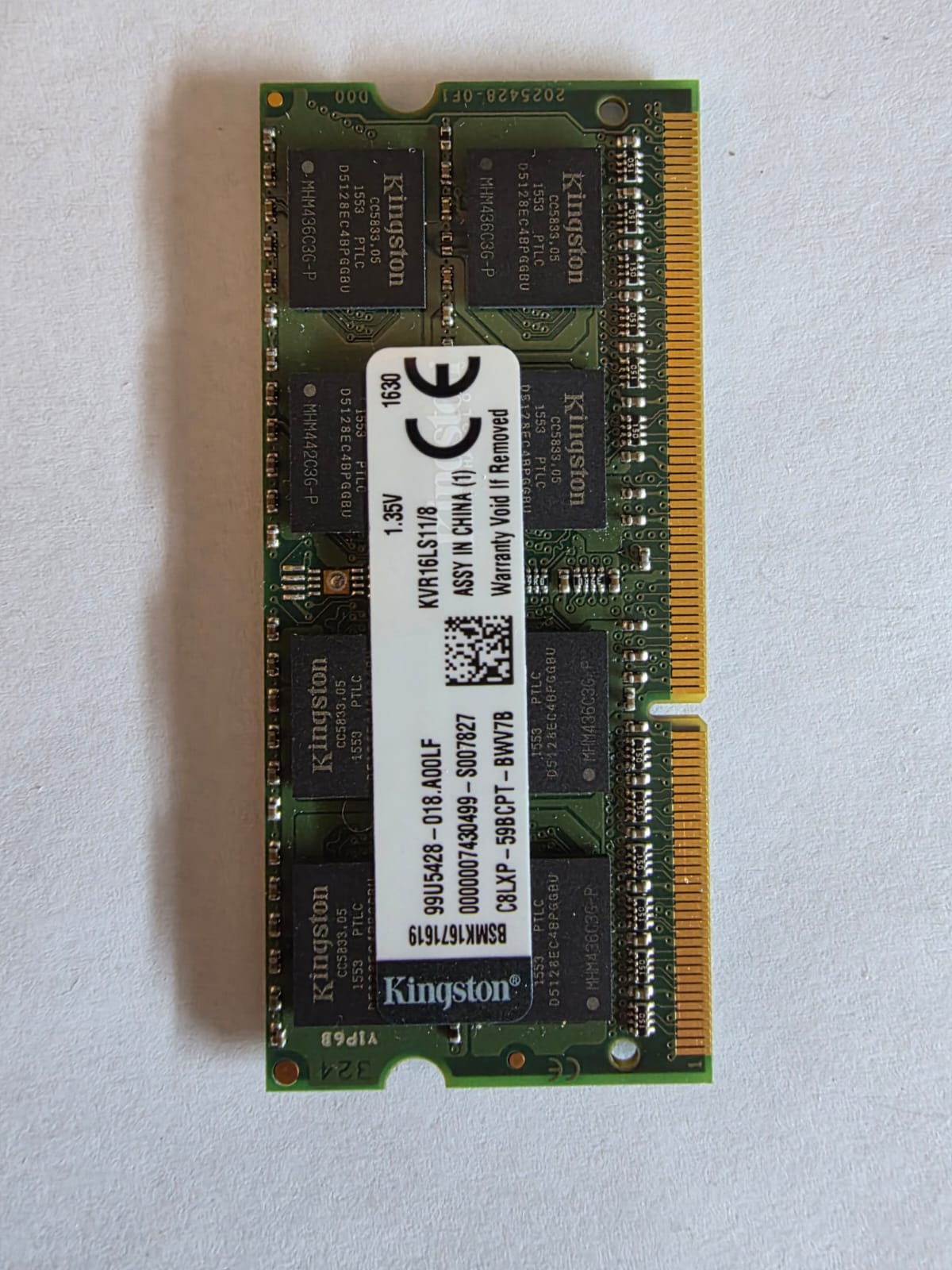 Kingston 8 Go DDR3L SO-DIMM 1600MHz, KVR16LS11/8, PN 99U5428-018.A00LF, S/N BSMK1671619