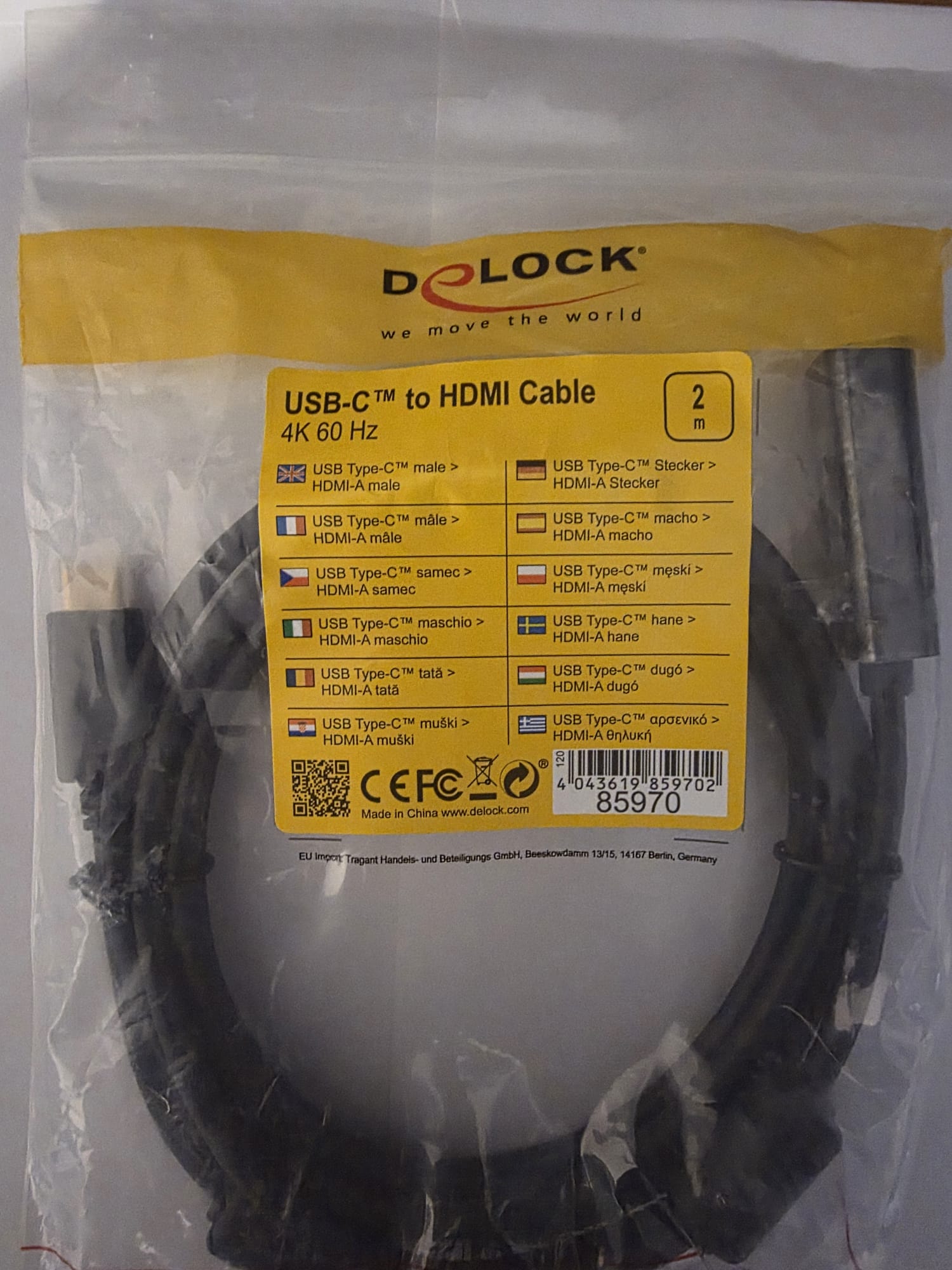 Delock 85970 Cable USB-C vers HDMI 4K 60Hz 2m USB Type-C male vers HDMI-A male